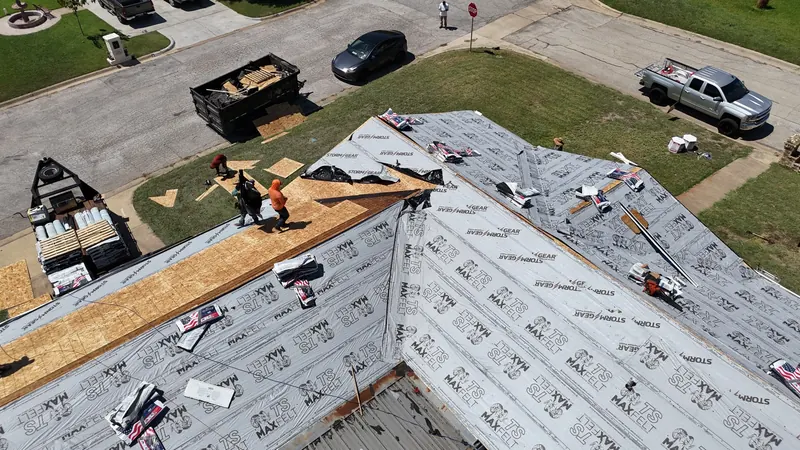 Aerial view of roofing underlayment during installation