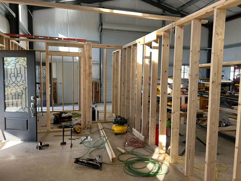 Wall studs and rough openings in an interior buildout